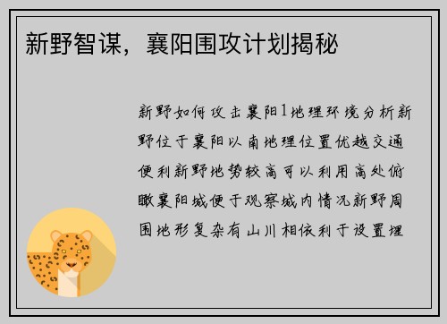 新野智谋，襄阳围攻计划揭秘